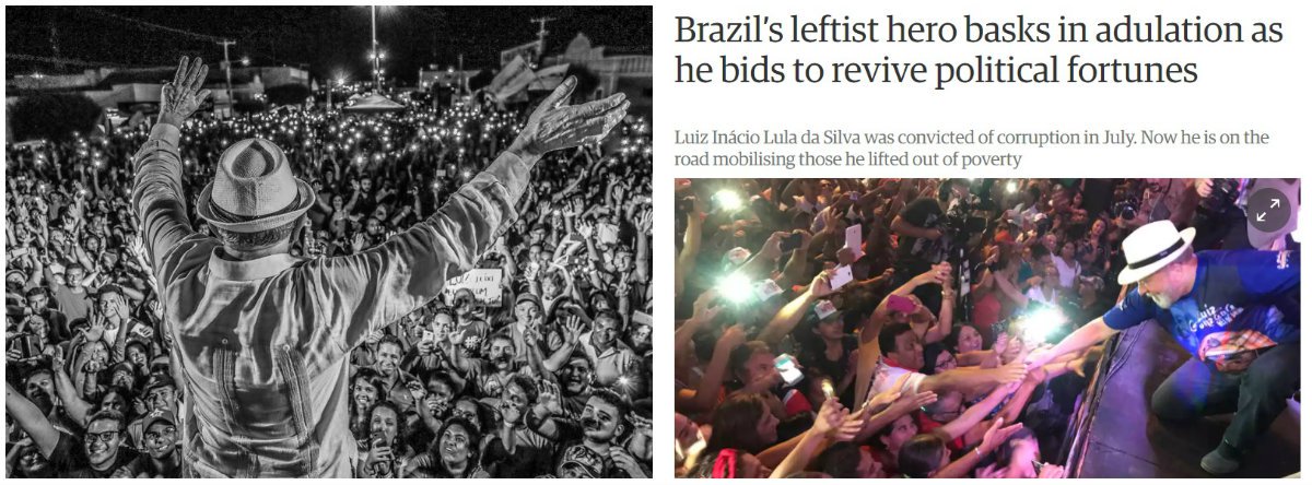 Enquanto a viagem do ex-presidente pelos 9 estados do Nordeste ganha pouco destaque na imprensa nacional, o jornal britânico The Guardian chama o petista de "herói da esquerda" e afirma que ele vem sendo "adulado" pelo povo nordestino; "O mandato do líder esquerdista de barba e voz grave terminou sete anos atrás, mas ele continua sendo o presidente brasileiro mais popular em décadas, se não na história do país", descreve o correspondente Dom Phillips, que escreve para o The Observer, jornal vinculado aos Guardian que sai aos domingos; "A caravana é a confirmação de que vale a pena ser sincero com as pessoas e governar para os mais pobres", disse Lula ao jornalista
