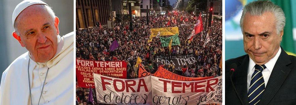 Na véspera da votação da Câmara contra Michel Temer, o primeiro ocupante da Presidência formalmente acusado de corrupção na história do Brasil, o Papa Francisco envia uma mensagem aos jovens brasileiros em que pede que eles "não tenham medo de combater a corrupção"; "Não tenham medo de se arriscar e de trabalhar para construir uma nova sociedade, permeando com a força do Evangelho os ambientes sociais, políticos, econômicos e universitários. Não tenham medo de combater a corrupção e não se deixem seduzir por ela", afirmou Francisco, na mensagem ao jovens que participam de evento em comemoração aos 300 anos da aparição da Virgem Maria no Rio Paraíba do Sul