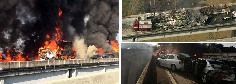 Pelo menos duas pessoas morreram e 20 ficaram feridas em razão de uma batida nesta quarta-feira (30) entre duas carretas, seguida de engavetamento envolvendo 36 veículos, na rodovia Carvalho Pinto (SP-70), em Jacareí, interior paulista; o acidente foi às 7h40 e, mais de cinco horas depois, todas as faixas de rolamento, na altura do km 75, permaneciam interditadas