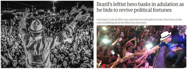 Enquanto a viagem do ex-presidente pelos 9 estados do Nordeste ganha pouco destaque na imprensa nacional, o jornal britânico The Guardian chama o petista de "herói da esquerda" e afirma que ele vem sendo "adulado" pelo povo nordestino; "O mandato do líder esquerdista de barba e voz grave terminou sete anos atrás, mas ele continua sendo o presidente brasileiro mais popular em décadas, se não na história do país", descreve o correspondente Dom Phillips, que escreve para o The Observer, jornal vinculado aos Guardian que sai aos domingos; "A caravana é a confirmação de que vale a pena ser sincero com as pessoas e governar para os mais pobres", disse Lula ao jornalista