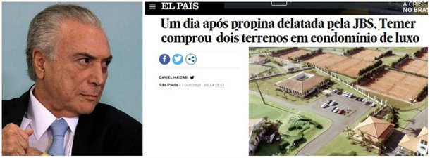 Enquanto a imprensa brasileira cuida de colaborar com a contrariedade histérica do MP com os recibos de aluguel do apartamento vizinho ao de Lula em São Bernardo do Campo, fica por conta do El País revelar que, "um dia após propina delatada por JBS, Temer comprou dois terrenos em área de luxo", compara o jornalista Fernando Brito, do Tijolaço, que observa que, "ao contrário dos pedalinhos dos netos de Marisa Letícia, [a denúncia] não está nas manchetes de nenhum dos sites dos jornalões"