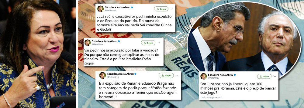 A senadora Kátia Abreu (PMDB-TO) enquadrou o senador Romero Jucá (PMDB-RR), um dos principais símbolos do golpe de 2016, que tem se movimento para promover a sua expulsão do partido, assim como a do senador Roberto Requião (PMDB-PR); segundo ela, Jucá não consegue explicar as malas de dinheiro entregues pela JBS a aliados de Michel Temer, como Rodrigo Rocha Loures, Eduardo Cunha e o coronel Lima; ela também ironiza o fato de Jucá pedir sua expulsão, mas não fazer nada em relação à turma da tornozeleira; a senadora também denuncia o custo da operação para salvar Temer e diz que Jucá conseguiu arrancar R$ 300 milhões para seus aliados em Roraima; "este é o preço para pagar este jogo?"