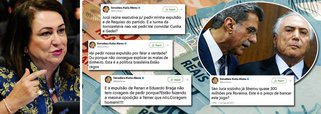A senadora Kátia Abreu (PMDB-TO) enquadrou o senador Romero Jucá (PMDB-RR), um dos principais símbolos do golpe de 2016, que tem se movimento para promover a sua expulsão do partido, assim como a do senador Roberto Requião (PMDB-PR); segundo ela, Jucá não consegue explicar as malas de dinheiro entregues pela JBS a aliados de Michel Temer, como Rodrigo Rocha Loures, Eduardo Cunha e o coronel Lima; ela também ironiza o fato de Jucá pedir sua expulsão, mas não fazer nada em relação à turma da tornozeleira; a senadora também denuncia o custo da operação para salvar Temer e diz que Jucá conseguiu arrancar R$ 300 milhões para seus aliados em Roraima; "este é o preço para pagar este jogo?"