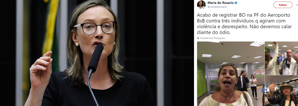 Depois dos ataques sofridos por partidários do deputado Jair Bolsonaro após o STJ confirmar a condenação do parlamentar fluminense por danos morais, Maria do Rosário (PT-RS) volta a sofrer ataques da extrema-direita; ao desembarcar no aeroporto de Brasília nesta terça-feira (29), a parlamentar foi hostilizada e registrou Boletim de Ocorrência na Polícia Federal; "Acabo de registrar BO na PF do Aeroporto BsB contra três indivíduos q agiram com violência e desrespeito. Não devemos calar diante do ódio", postou Maria do Rosário em seu Twitter.