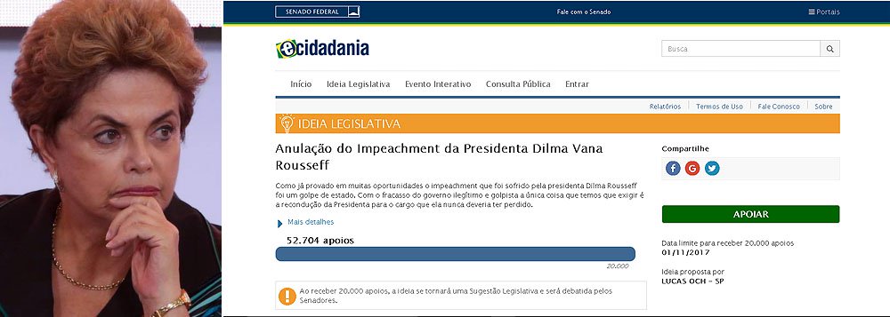A proposta de anulação do golpe de 2016 já reuniu mais do que o dobro de assinaturas necessárias para se tornar uma Ideia Legislativa e ser debatida pelo Senado; "Como já provado em muitas oportunidades o impeachment que foi sofrido pela presidenta Dilma Rousseff foi um golpe de estado. Com o fracasso do governo ilegítimo e golpista a única coisa que temos que exigir é a recondução da Presidenta para o cargo que ela nunca deveria ter perdido", diz a proposta apresentada por Lucas Och; saiba como também aderir