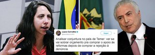 "Analisar conjuntura no país de Temer: ver se vai sobrar orçamento pra comprar o apoio às reformas depois de comprar a rejeição à denúncia", disse a economista Laura Carvalho, da Universidade de São Paulo; em junho, Temer liberou R$ 4,2 bilhões para a compra de deputados, com emendas parlamentares