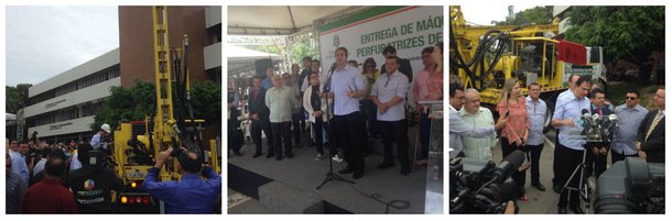 O governador Camilo Santana participou, na manhã desta terça-feira (18), da entrega de duas novas máquinas perfuratrizes que irão reforçar o programa de poços profundos no interior do Estado. Os equipamentos integram o lote das sete primeiras máquinas adquiridas pelo Governo com recursos obtidos no Banco Nacional de Desenvolvimento Social. No total, serão 19 comboios
 