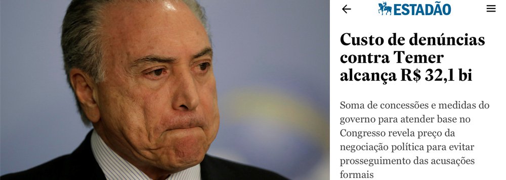Jornalista Kiko Nogueira, do Diário do Centro do Mundo (DCM), criticou classificou de "fake news" o editorial do Estado de S. Paulo desta terça-feira, 31, que afirma que Michel Temer "não compra o Congresso"; Nogueira aponta a contradição do jornal paulistano; "O próprio Estadão se desmente. Em 25 de outubro, deu uma matéria revelando que o custo para barrar as duas denúncias criminais contra Temer chegava a R$ 32,1 bilhões", lembra; "O Estadão conta com a má fé e a burrice de seus leitores para tentar enfiar goela abaixo deles que o ladrão de plantão, "em situação bem mais adversa, tem sido mais eficiente que seus antecessores petistas", diz Kiko Nogueira 