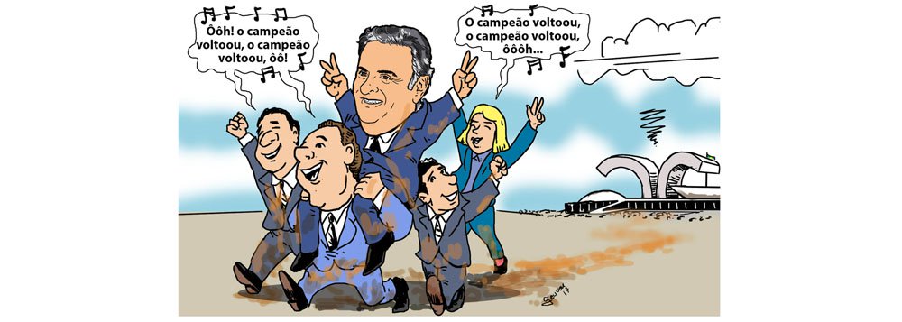 Seus aliados, responsáveis pela salvação do tucano, ovacionam o retorno de Aécio Neves ao mandato também sujos de lama, ilustra a charge de Geuvar Oliveira