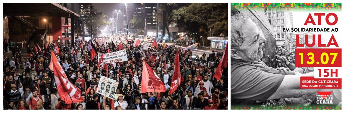 A Frente Brasil Popular, que reúne os partidos de esquerda e movimentos sociais está convocando para hoje, a partir da 15 horas, na sede da CUT-CE, um ato de solidariedade à Lula. A proposta é manifestar o apoio das classes populares a Lula e ao mesmo tempo, discutir com a militância uma agenda de luta em defesa das Diretas Já e do ex-presidente
