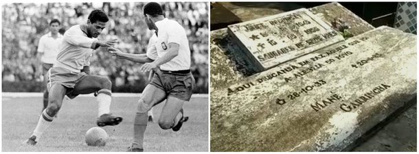 Os restos mortais de Mané Garrincha, bicampeão mundial pela seleção brasileira (1958 e 1962), foram retirados do cemitério onde estavam enterrados; quem descobriu foi a filha do jogador, que pretendia fazer uma homenagem ao pai no túmulo; Garrincha morreu em janeiro de 1983 e seu corpo foi enterrado no cemitério de Raiz da Serra, em Magé, Região Metropolitana do Rio