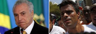 Por meio de sua conta oficial no Twitter, Michel Temer informou ter conversado por telefone, com o líder oposicionista venezuelano Leopoldo López, a quem ofereceu o apoio do Brasil; “Recebi, há pouco, telefonema de @leopoldolopez. Pareceu bem disposto e firme em sua luta pelo restabelecimento da democracia na Venezuela”, disse ele; seria cômico se não fosse trágico