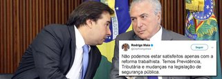 Disposto a assumir a cadeira que Michel Temer usurpou da presidente legítima Dilma Rousseff, o deputado Rodrigo Maia (DEM-RJ) foi às redes sociais prometendo reformas que o atual ocupante da presidência da República não conseguirá entregar; "Não podemos estar satisfeitos apenas com a reforma trabalhista. Temos Previdência, Tributária e mudanças na legislação de segurança pública", afirmou; com isso, ele espera consolidar o apoio do mercado financeiro para rapidamente substituir Temer, denunciado por corrupção e prestes a ser também implicado por obstrução judicial