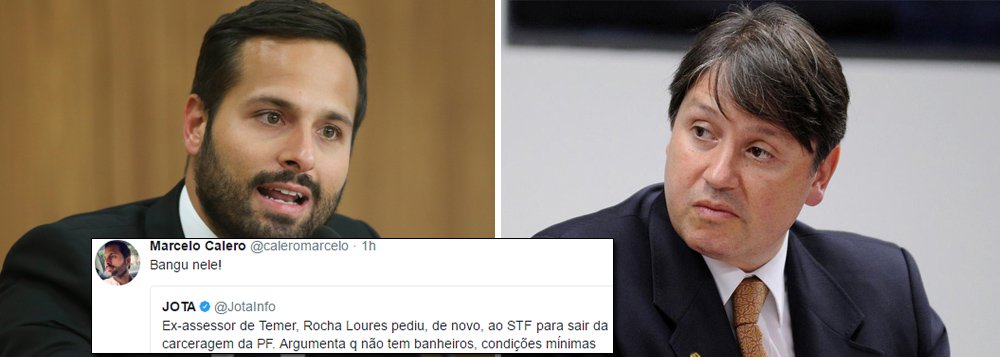 O ex-ministro da Cultura, Marcelo Calero, usou as redes sociais para ironizar e comentar o novo pedido de Rocha Loures, ex-assessor do presidente Michel Temer, para sair da carceragem da PF, em Brasília, sob o argumento de que não tem banheiros adequados, nem condições mínimas; o ministro do STF, Edson Fachin, deu prazo de 3 dias para a PF se manifestar; estratégia da defesa de Rocha Loures é conseguir que o STF conceda prisão domiciliar para o cliente; ele foi flagrado recebendo uma mala de dinheiro da JBS