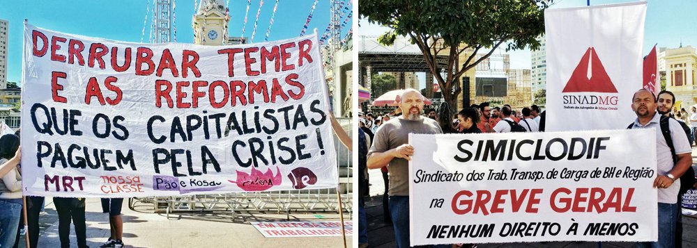 As paralisações em Minas Gerais – contra as reformas trabalhista, da Previdência, a terceirização, e com as pautas "Fora, Temer" e “Diretas, já” -  atingem todo o Estado, com a adesão de categorias de todos os setores, 32 manifestações estão programadas na capital e no interior; presidente da CUT-MG, Beatriz Cerqueira diz que “a Greve Geral faz parte de uma luta da vida contra a morte. É a luta pelo direito ao emprego, para que as pessoas continuem tendo direito à carteira assinada”; Michel Temer também foi o presidente do País a ser denunciado por corrupção e, segundo o Datafolha, tem a menor popularidade em 28 anos, com 7% de aprovação