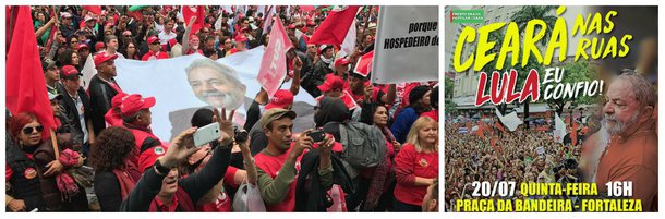 A Frente Brasil Popular do Ceará e a Frente Povo Sem Medo, que agregam centenas do movimentos sociais, além dos partidos políticos de esquerda e centrais sindicais, deve ter uma reunião amanhã (18), às 10 horas, na sede da CUT Ceará para discutir e acertar os detalhes do ato em solidariedade a Lula, marcado para o próximo dia 20, em Fortaleza