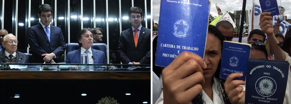 Depois de muitas horas de protesto e resistência de senadoras da oposição, que ocuparam a mesa da presidência do Senado para impedir a votação da reforma trabalhista de Michel Temer, os senadores aprovaram o texto-base da proposta, que restringe direitos históricos dos trabalhadores, por 50 votos a 26; entre as medidas de maior destaques estão o acordado entre empregados e empresários sobre o legislado, o que deixa em segundo plano os direitos previstos na legislação; ex-líder do PMDB, agora integrante da oposição, o senador Renan Calheiros discursou: "estamos vivendo o pior momento deste Senado Federal"; direitos dos trabalhadores foram retirados por um governo ilegítimo que deu um golpe