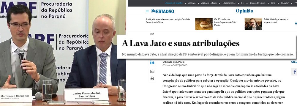 Em editorial nesta segunda-feira, 5, jornal da família Mesquita diz que ao invés de reconhecer os erros e exageros cometidos no decorrer da operação, que em certos momentos se assemelha a uma cruzada, alguns procuradores e investigadores acabam de revelar sua disposição de divulgar uma nova avalanche de denúncias, com o objetivo de neutralizar os efeitos das críticas que vêm sofrendo e que, para eles, fazem parte de uma ofensiva para desmoralizá-los; "Se têm conhecimento de ilícitos, sua obrigação de ofício é revelá-los às autoridades judiciárias – e não usar tais informações para valorizar suas posições. Não fica bem que ajam como pessoas incompreendidas e injustiçadas", diz o jornal 