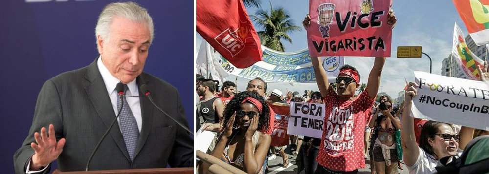 Carimbado de corrupto pela Polícia Federal e prestes a ser denunciado ao Supremo Tribunal Federal, Michel Temer tem aprovação de apenas 7% da população, segundo pesquisa do instituto Datafolha divulgada neste sábado, 24; é a menor taxa de aprovação em 28 anos; o governo fruto de um golpe parlamentar é considerado ruim ou péssimo por 69% do eleitorado brasileiro; sua taxa de ruim e péssimo chega a 73% entre o eleitorado feminino, a 74% entre os eleitores de 25 a 34 anos e a 71% para aqueles cuja renda familiar mensal é de até dois salários mínimos. No Nordeste, a reprovação a Temer fica acima da média, 77%; com Temer, a vergonha de ser brasileiro atingiu patamar de 47% da população, o índice mais alto desde o início da série histórica
 