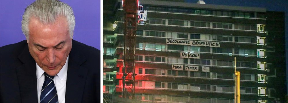 A bonita faixa “Fora Temer” foi estendida na fachada do Geomatikum, edifício da universidade de Hamburgo, na Alemanha, onde ocorre o G-20; no encontro, o Brasil é praticamente ignorado