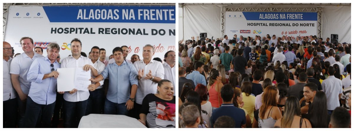 O governador Renan Filho assinou a ordem de serviço para a construção do Hospital Regional do Norte, que terá um investimento de R$ 29 milhões e deve ser concluído em 18 meses; Hospital Regional, que vai atender nove municípios, terá 110 leitos com capacidade para realizar, mensalmente, 7.700 consultas e 7.000 exames de diagnóstico complementar; do total de leitos, 18 serão para maternidade, 15 de pediatria, 27 para a realização de cirurgias, 30 de clínica médica, 10 para UTI adulto, sete de UCI neonatal e três para enfermaria canguru