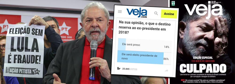 "A Veja antecipou sua edição e a capa, claro, é mais uma das dezenas que já publicou anunciando o fim de Lula. Aliás, pagou o “mico” de fazer uma enquete perguntando se 'Lula será preso ou presidente?'. Peguei a imagem e, mesmo o site limitando os acessos de não-assinantes, o resultado é acachapante: agora já com cerca de 50 mil votos, segue o percentual de 86% dizendo que será presidente", diz Fernando Brito, editor do Tijolaço