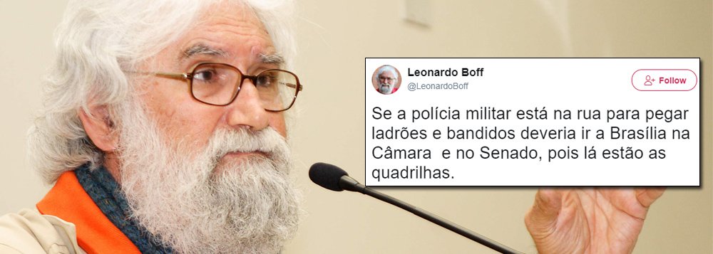 Em seu perfil no Twitter, o filósofo e ex-docente da UERJ Leonardo Boff ironizou a decisão do governo federal de enviar tropas ao Rio de Janeiro para combater a violência; "Se a polícia militar está na rua para pegar ladrões e bandidos deveria ir a Brasília na Câmara e no Senado, pois lá estão as quadrilhas", disse Boff