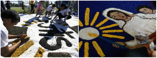 Cerca de 600 jovens de paróquias de todas as regiões do Distrito Federal chegaram cedo à Esplanada dos Ministérios, para deixar prontos os tradicionais tapetes da celebração de Corpus Christi; feitos com materiais como areia, sal, serragem, palha de arroz, borra de café e tinta, os tapetes têm símbolos e personagens cristãos e servirão de passagem para a procissão que marca a data
 
 