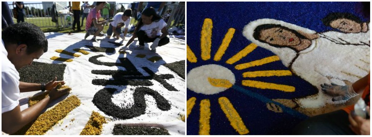 Cerca de 600 jovens de paróquias de todas as regiões do Distrito Federal chegaram cedo à Esplanada dos Ministérios, para deixar prontos os tradicionais tapetes da celebração de Corpus Christi; feitos com materiais como areia, sal, serragem, palha de arroz, borra de café e tinta, os tapetes têm símbolos e personagens cristãos e servirão de passagem para a procissão que marca a data
 
 