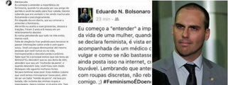Em "desabafo" nas redes sociais, o deputado Eduardo Bolsonaro, filho de Jair Bolsonaro demonstra irritação ao revelar que a ex-namorada virou feminista e foi vista com um médico cubano em uma balada LGBT; resposta da jovem ao comentário do parlamentar viralizou nas redes sociais