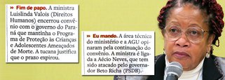 Ligada ao senador afastado Aécio Neves (PSDB-MG), ministra dos Direitos Humanos, Luislinda Valois, determinou o fim do programa de proteção a crianças ameaçadas de morte no Paraná; justificativa da tucana para encerrar o convênio foi o fim do prazo do contrato; área técnica do ministério e a Advocacia Geral da União defendiam a manutenção do convênio; Aécio vem sendo alvo de críticas constantes por parte do governador do Estado, Beto Richa (PSDB)