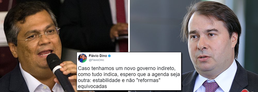 Governador do Maranhão, Flávio Dino (PCdoB), defende eleições diretas "para reconectar o sistema institucional com a soberania popular, como quer a Constituição", mas afirma que, "caso tenhamos um novo governo indireto, como tudo indica, espero que a agenda seja outra: estabilidade e não 'reformas' equivocadas"; ganha força o cenário em que Michel Temer é afastado pela Câmara e o presidente da Casa, Rodrigo Maia (DEM-RJ) assume seu posto; nesta sexta, Maia já prometeu ao mercado as reformas que Temer não conseguiu entregar; "País está exaurido pela crise sem fim, pela agenda errada de retirar direitos, pelo desemprego, pelas incertezas políticas", completou Dino