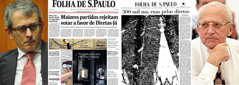 No momento em que 85% dos brasileiros desejam a saída de Michel Temer e a realização de eleições diretas, segundo aponta o próprio Datafolha, o jornal da família Frias faz de tudo para sabotar a vontade popular; além de ter apoiado o golpe de 2016, a Folha deu sustentação total a Temer, chegando até a contratar uma perícia de baixa qualidade para salvá-lo, e, neste domingo, se coloca na linha de frente com as diretas; Otávio Frias Filho faz, com isso, um movimento oposto ao de seu pai, Otávio Frias, que, mesmo tendo apoiado a ditadura militar de 1964, chegando a emprestar carros para o DOI-Codi, percebeu a mudança dos ventos e foi o primeiro a abraçar o movimento das diretas-já, quando a ditadura apodrecia; no Brasil de hoje, a Folha consegue ser mais conservadora do que a Globo