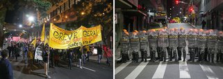  As forças políticas que estão organizando a greve geral do próximo dia 30 de junho em defesa do “Fora, Temer!” e contra as propostas da Reforma da Previdência e Reforma Trabalhista promoveram, em Porto Alegre, dois atos de “esquenta” para a mobilização, no mesmo horário e separados por poucos metros; na Esquina Democrática, concentraram-se militantes do PSOL, PSTU, Fórum em Defesa da Previdência, CSP Conlutas, do Movimento de Luta nos Bairros, Vilas e Favelas (MLB), da Unidade Popular pelo Socialismo (UP), entre outras entidades; a poucos metros, no Largo Glênio Peres, ocorria no mesmo instante outro “esquenta” para a greve geral com a presença de representantes da CUT, da CTB, da Intersindical, da Nova Central Sindical, entre outras organizações