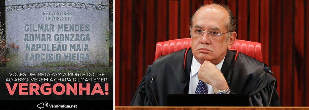 Movimento que defendeu o impeachment de Dilma Rousseff e chegou a exaltar o ministro do TSE e do STF na época do golpe, agora enterra Gilmar Mendes, cuja decisão nesta sexta-feira 9 decidiu pela absolvição de Michel Temer; em um post no Facebook, o Vem Pra Rua diz que os ministros Gilmar Mendes, Admar Gonzaga, Napoleão Maia e Tarcísio Vieira "decretaram a morte do TSE ao absolverem a chapa Dilma-Temer"