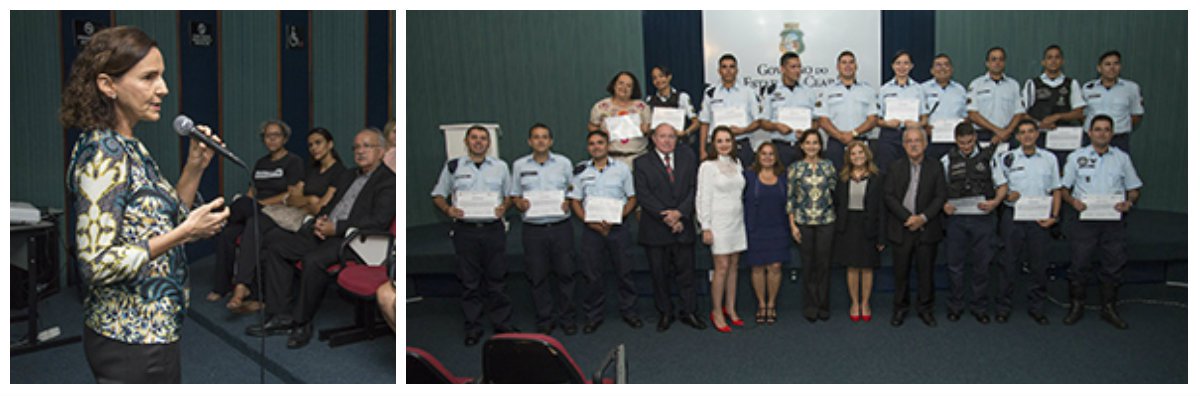 Policiais da primeira Unidade de Segurança Integrada (Uniseg I) - Grande Vicente Pinzon e demais agentes de segurança que participaram do curso "Justiça Restaurativa de Mediação de Conflitos: Um Caminho Possível na Construção da Paz", receberam hoje, os certificados de conclusão, em solenidade realizada no Palácio Iracema, presidida pela vice-governadora Isolda Cela, coordenadora estadual do Pacto por um Ceará Pacífico