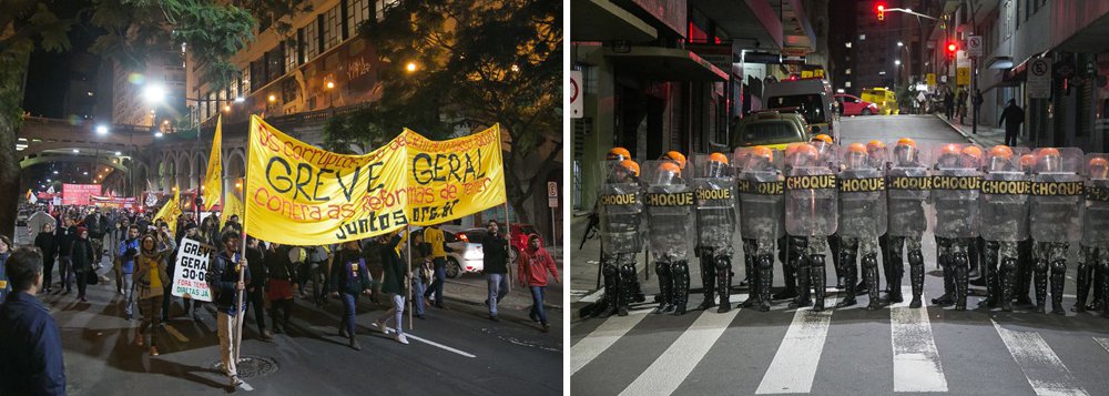  As forças políticas que estão organizando a greve geral do próximo dia 30 de junho em defesa do “Fora, Temer!” e contra as propostas da Reforma da Previdência e Reforma Trabalhista promoveram, em Porto Alegre, dois atos de “esquenta” para a mobilização, no mesmo horário e separados por poucos metros; na Esquina Democrática, concentraram-se militantes do PSOL, PSTU, Fórum em Defesa da Previdência, CSP Conlutas, do Movimento de Luta nos Bairros, Vilas e Favelas (MLB), da Unidade Popular pelo Socialismo (UP), entre outras entidades; a poucos metros, no Largo Glênio Peres, ocorria no mesmo instante outro “esquenta” para a greve geral com a presença de representantes da CUT, da CTB, da Intersindical, da Nova Central Sindical, entre outras organizações
