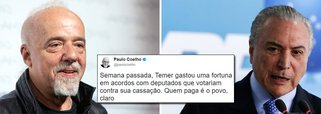 "Semana passada, Temer gastou uma fortuna em acordos com deputados que votariam contra sua cassação. Quem paga é o povo, claro", postou o escritor Paulo Coelho em seu Twitter, numa dura crítica à liberação de R$ 16 bilhões em emendas de Michel Temer para comprar votos na Comissão de Constituição e Justiça da Câmara contra sua denúncia por corrupção; o varejo praticado pelo Planalto reverteu a votação e fez com que o relatório do deputado Sergio Zveiter (PMDB-RJ), que recomendava dar prosseguimento à denúncia, fosse rejeitado; nesta quinta, Temer assinou o decreto que aumenta imposto dos combustíveis