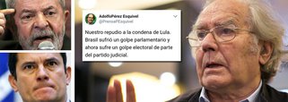 O ativista argentino Adolfo Perez Esquivel, Nobel da Paz em 1980, classificou a condenação do ex-presidente Lula como um golpe do "Partido Judicial", representado pelo juiz Sergio Moro, contra a democracia brasileira; ele afirma que o Brasil foi primeiro vítima de um golpe parlamentar, com o afastamento da presidente legítima Dilma Rousseff, e agora de um segundo golpe, com a tentativa de inviabilizar a participação de Lula no processo eleitoral brasileiro; detalhe: Lula lidera todas as pesquisas eleitorais e é considerado o melhor presidente de todos os tempos pelos brasileiros