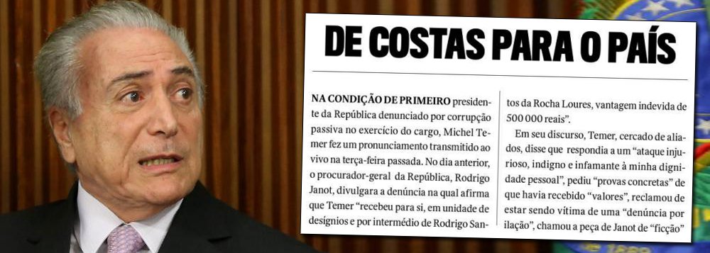 Em editorial intitulado "De costas para o país" a revista Veja parece até ter se arrependido do golpe que ajudou a perpetrar contra a presidente legítima, Dilma Rousseff; em um longo texto, a publicação da editora Abril faz uma série de críticas a Michel Temer; "Além de ser o primeiro presidente denunciado no cargo, Temer está se transformando num presidente de deputados, e não do conjunto dos brasileiros", diz a revista