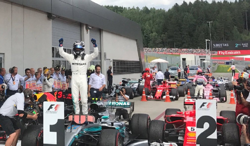 Valtteri Bottas venceu o Grande Prêmio da Áustria pela Mercedes neste domingo com Sebastian Vettel, da Ferrari, terminando apenas 0,6 segundo atrás e aumentando sua vantagem na ponta sobre Lewis Hamilton para 20 pontos após nove corridas; Hamilton largou em oitavo lugar após uma penalidade no grid provocada pela mudança não programada da caixa de câmbio e terminou em quarto; Vettel tem agora 171 pontos contra 151 de Hamilton
