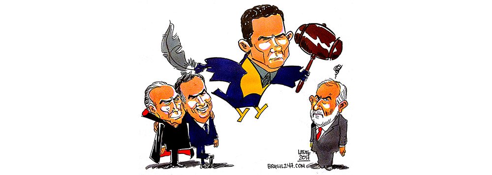 Na charge do cartunista Carlos Latuff, o retrato da Justiça brasileira: Lula condenado sem provas e Aécio Neves e Michel Temer, que têm provas contundentes contra eles, soltos e cumprindo seus mandatos