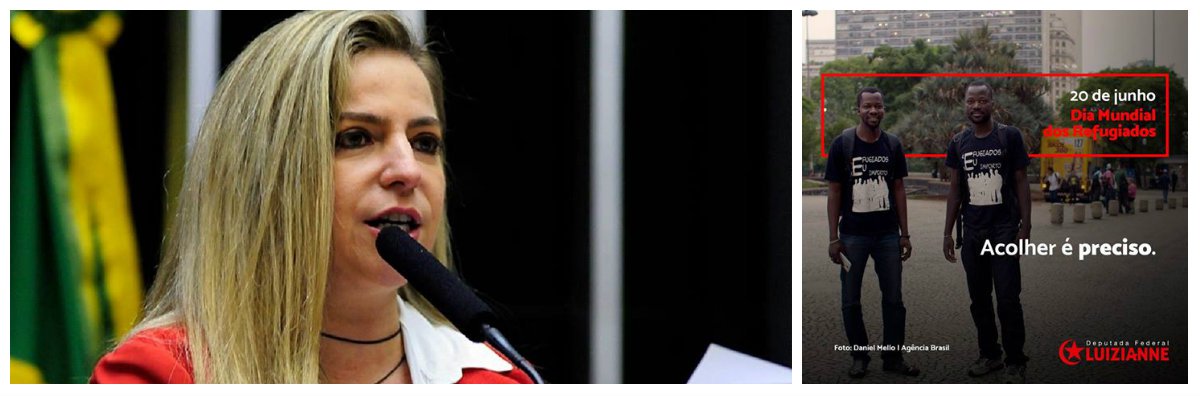 Na passagem hoje (20), do Dia Mundial dos Refugiados, a deputada federal Luzianne Lins (PT-CE), defendeu que o Brasil seja "um exemplo de acolhimento e solidariedade para o mundo". O  Brasil abriga, oficialmente, cerca de 9 mil refugiados de 79 nacionalidades. Segundo a deputada, o dia de hoje deve "celebrar a vinda destas pessoas e ajudar a conscientizar todos sobre este ato de humanidade"
 