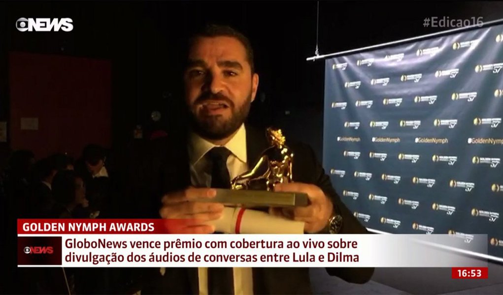 "É uma vergonha pela qual a Globo deveria pedir desculpas e não se orgulhar. Quem sabe daqui a 50 anos, juntamente com um mea culpa por ter dado o golpe com Michel Temer", diz Kiko Nogueira, sobre "um certo" Golden Nymph Awards vencido pela Globonews num festival de TV de Montecarlo na categoria 'furo de reportagem em coberturas ao vivo'