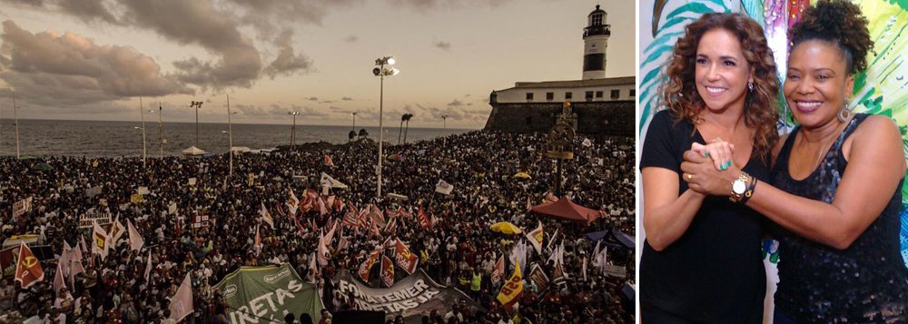 A rainha do Axé Music fez discurso forte por eleições diretas na noite deste domingo no Farol da Barra, em Salvador; Daniela Mercury puxou as mais de 30 mil pessoas que foram protestar contra a permanência de Michel Temer no governo e pela possibilidade de eleições indiretas para escolha dum novo presidente quando ele cair; "A corrupção não resiste à democracia. A democracia é o melhor dos regimes. Então vamos mostrar que não desistimos de nós. Que não desistimos da democracia. A democracia não vence por nocaute, vence por pontos. Cada um de nós é um ponto pra democracia. Espero você agora no Farol da Barra. Não aceito eleição indireta. O único caminho pra democracia é um governo novo eleito pelo povo", disse Daniela