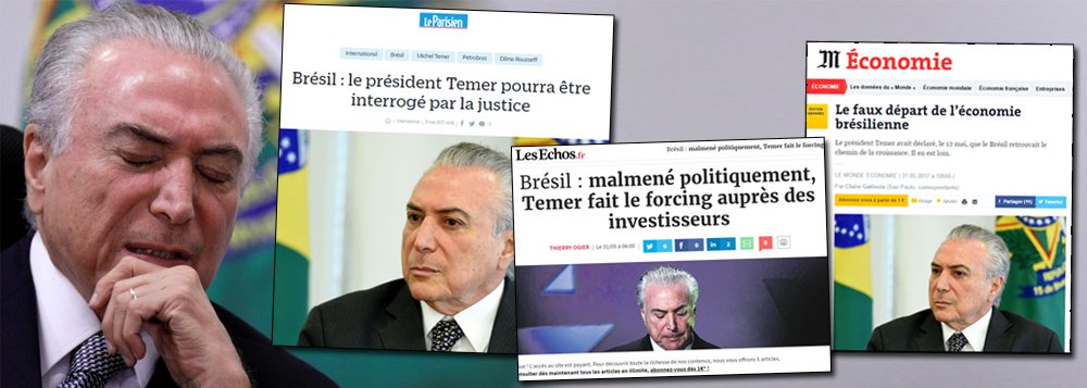 A imprensa francesa desta quarta-feira (31) traz várias reportagens e análises sobre a situação política e econômica do Brasil; o Les Echos traz uma matéria sobre a estratégia de Michel Temer para permanecer na presidência, enquanto Le Monde explica que a economia brasileira ainda está longe da retomada anunciada pelo governo; para o Le Parisien, o mandato de Temer "está por um fio" e a população, castigada pela crise e por um índice de desemprego superior a 14%, está exausta da repetição de escândalos 