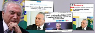 A imprensa francesa desta quarta-feira (31) traz várias reportagens e análises sobre a situação política e econômica do Brasil; o Les Echos traz uma matéria sobre a estratégia de Michel Temer para permanecer na presidência, enquanto Le Monde explica que a economia brasileira ainda está longe da retomada anunciada pelo governo; para o Le Parisien, o mandato de Temer "está por um fio" e a população, castigada pela crise e por um índice de desemprego superior a 14%, está exausta da repetição de escândalos 