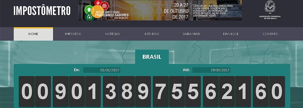 Impostômetro da Associação Comercial de São Paulo (ACSP) registrou nesta segunda-feira (29) R$ 900 bilhões de tributos acumulados pagos pelos brasileiros desde o início de 2017; valor se refere à arrecadação de todos os impostos, taxas e contribuições que vão para a União, os estados e os municípios; marca de R$ 900 bilhões chega 14 dias antes do que no ano passado; para o presidente da ACSP, Alencar Burti, isso reflete a atual fase da economia; "Como a economia não está crescendo, o que impulsiona a arrecadação é o efeito da inflação, é o aumento de alguns impostos", explica