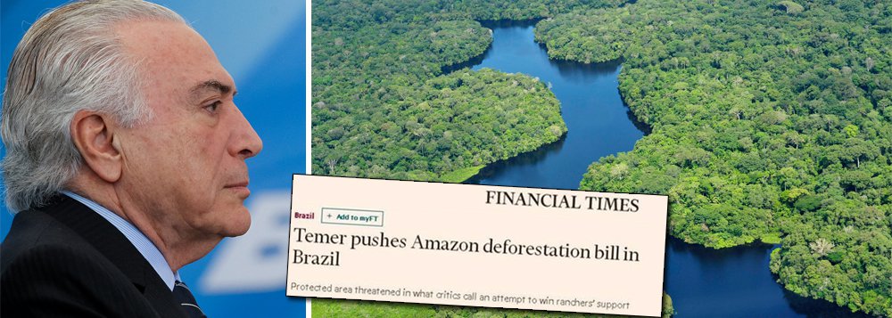 Jornal britânico diz que Michel Temer está trocando árvores por votos, ao concordar em apoiar as demandas do lobby rural do Brasil para facilitar a operação em áreas protegidas em troca de seu apoio, uma vez que tentar barrar, no Congresso, denúncia de corrupção contra ele; representantes de organizações ambientais internacionais, como a WWF, apontam que áreas florestais protegidas no Brasil, equivalentes ao tamanho de Portugal, estão sob ameaça de Temer e do poderoso lobby rural que almeja diminuir as áreas de conservação do país; na semana passada, o peemedebista enviou ao Congresso um projeto de lei que propõe reduzir o tamanho da floresta nacional de Jamanxim, no Pará, em 27%, e ainda conceder incentivo a ocupantes ilegais