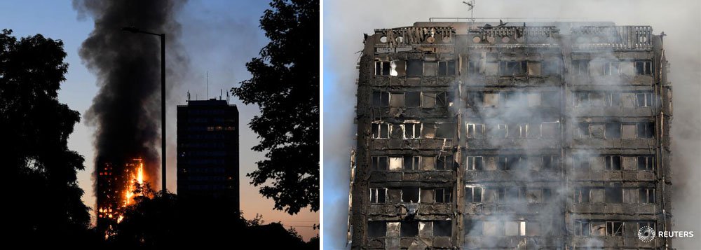 Fogo de grandes proporções atinge torre no bairro de Lancaster, na capital inglesa; segundo as autoridades, pelo ao menos 30 pessoas ficaram feridas; mais de 200 bombeiros e 40 veículos atuam no combate ao incêndio